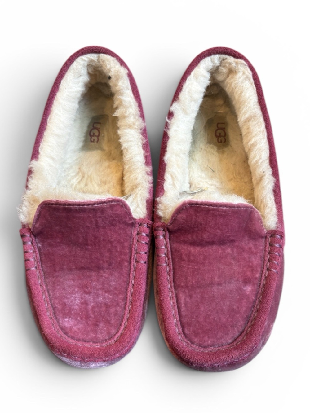 UGG Ansley Moccasin Slippers Women's 8 Wine Velvet Shearling-Lined